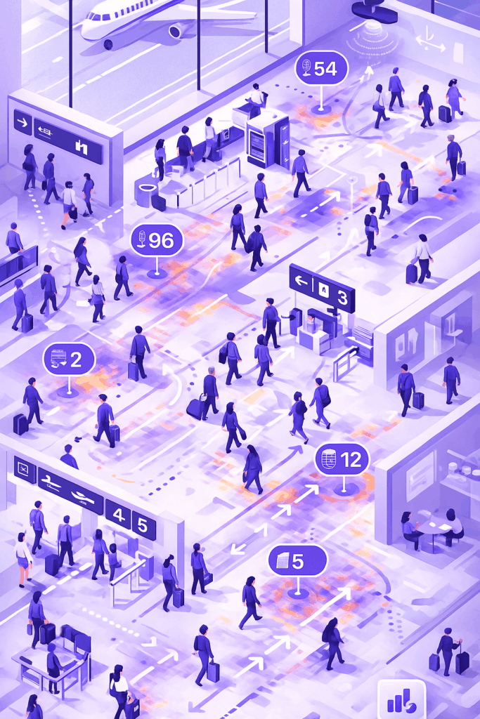 Como calcular fluxo de pessoas em aeroportos — visual IoT e análise de picos Ilustração vetorial mostrando fluxo de pessoas em aeroportos com sensores IoT e indicadores de movimento.