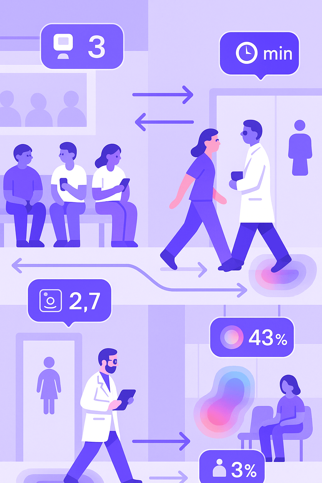 Como calcular fluxo de pessoas em hospitais e clínicas — análise IoT Ilustração de hospital com análise de fluxo de pessoas, ocupação e sensores IoT