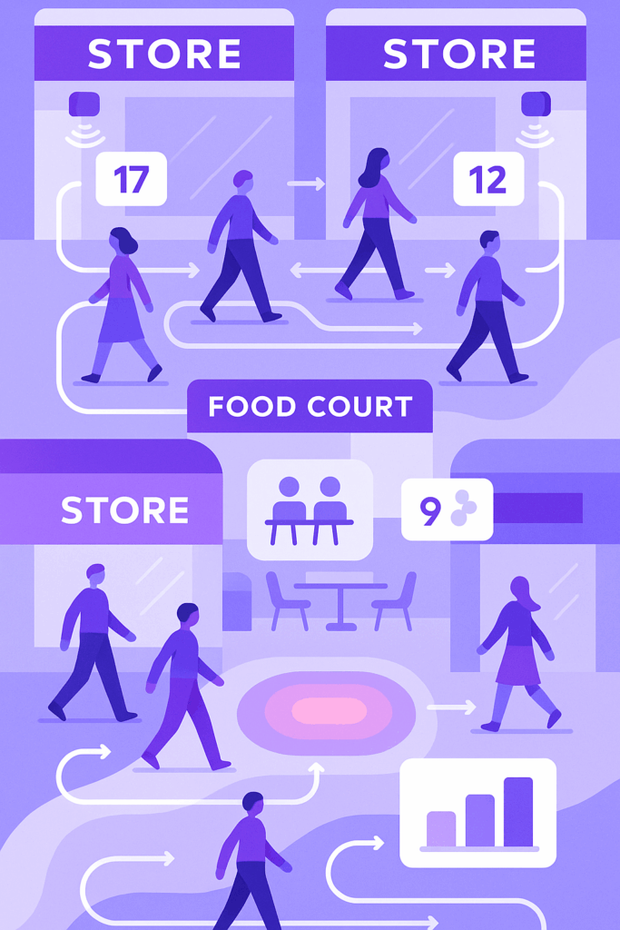 Como calcular fluxo de pessoas em shopping centers e varejo — análise IoT visual Ilustração vetorial de shopping center com heatmaps, rotas e sensores IoT mostrando fluxo de pessoas.