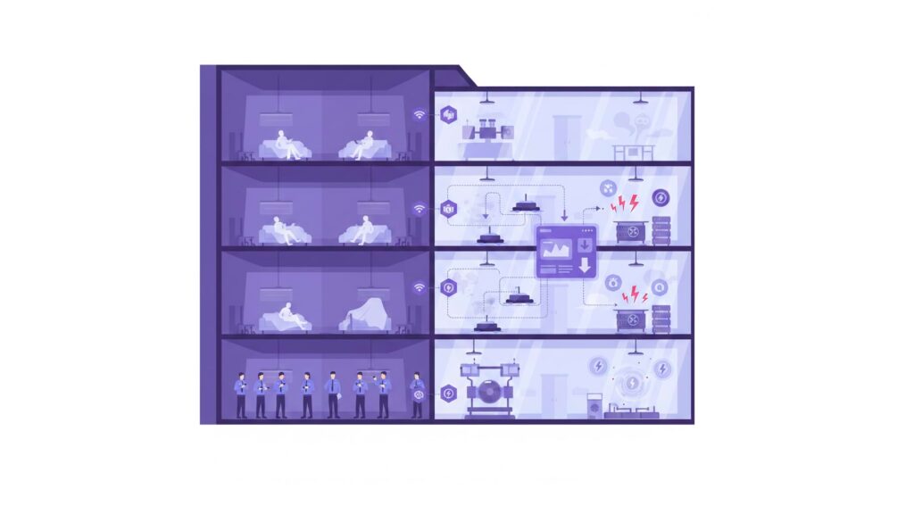 Custos ocultos e desperdícios em Facilities Ilustração moderna mostrando desperdícios e custos ocultos em Facilities com insights IoT.