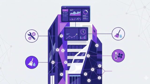 Redução de custos operacionais com IoT e IA Ilustração vetorial mostrando facility inteligente com sensores e dashboards de redução de custos.