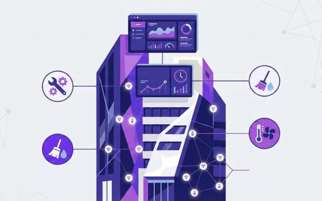 Redução de custos operacionais com IoT e IA Ilustração vetorial mostrando facility inteligente com sensores e dashboards de redução de custos.