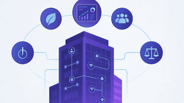 Indicadores ESG aplicados à gestão de Facilities Capa do artigo mostrando indicadores ESG aplicados à gestão de Facilities com sensores IoT e métricas de sustentabilidade.