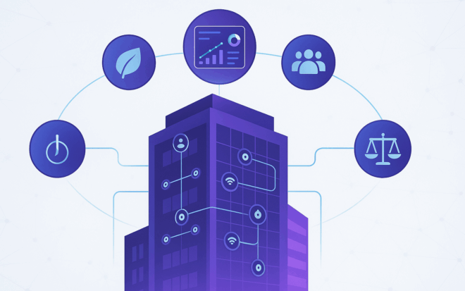 Indicadores ESG aplicados à gestão de Facilities Capa do artigo mostrando indicadores ESG aplicados à gestão de Facilities com sensores IoT e métricas de sustentabilidade.