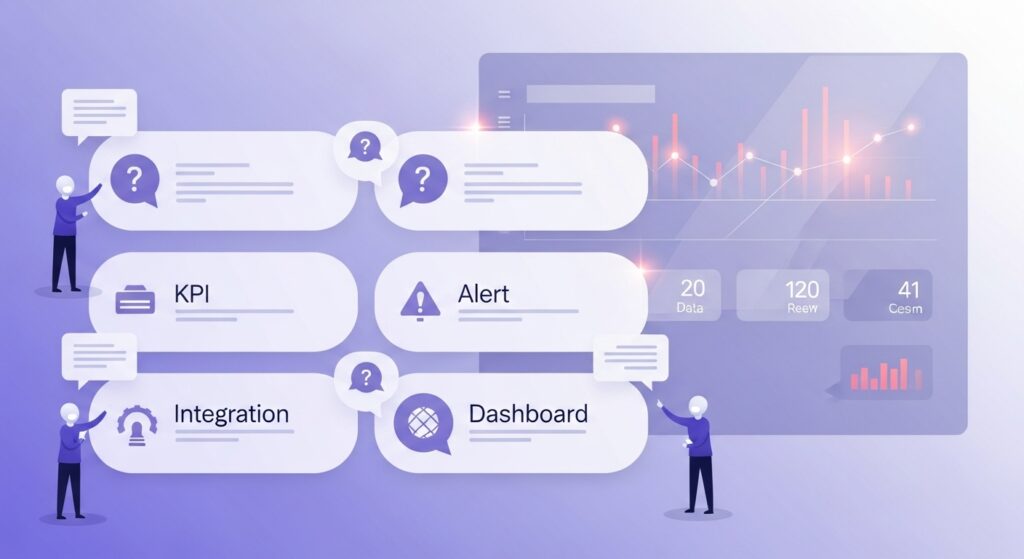 FAQ: Smart Data em Facilities Cards de FAQ sobre smart data em Facilities com ícones de dados, KPIs, alertas e integração.