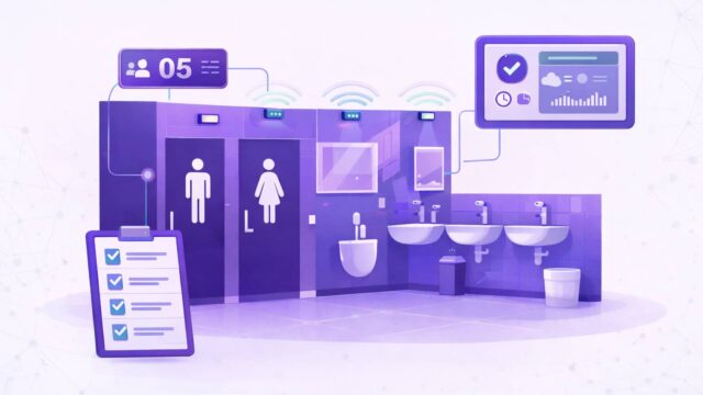 Limpeza por demanda banheiros com sensores inteligentes Ilustração de limpeza por demanda banheiros com sensores IoT e chamado automático para equipe de facilities.