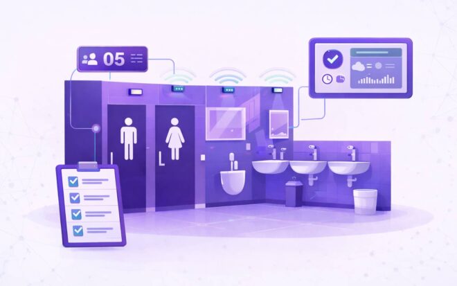 Limpeza por demanda banheiros com sensores inteligentes Ilustração de limpeza por demanda banheiros com sensores IoT e chamado automático para equipe de facilities.