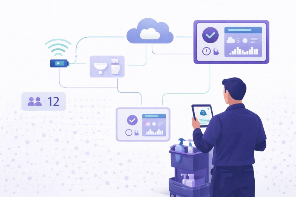 limpeza-por-demanda-banheiros-comunicacao-iot-facilities.png Sistema de limpeza por demanda banheiros enviando alerta automático para equipe de facilities via dashboard digital.