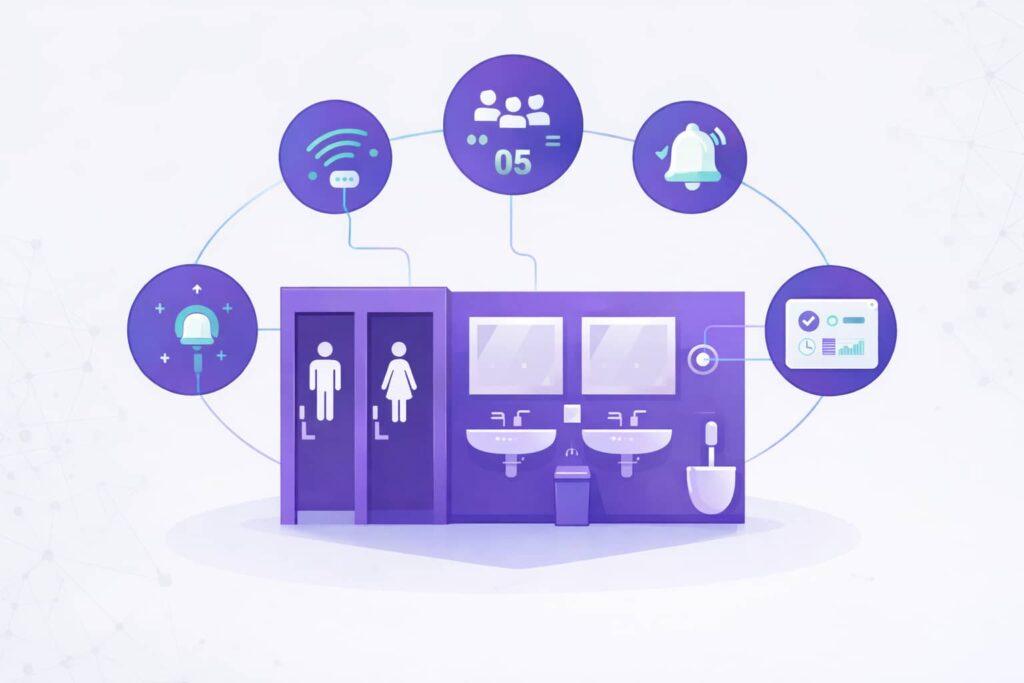 Como funciona a limpeza por demanda banheiros Representação de limpeza por demanda banheiros acionada por contador de pessoas e sensores de uso.