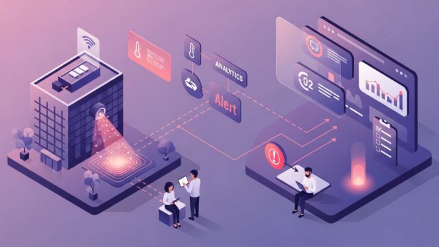 Smart Data em Facilities: do IoT à decisão operacional Ilustração de smart data em Facilities conectando sensores IoT a dashboards e alertas operacionais.