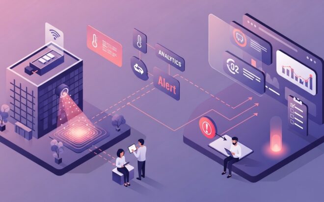 Smart Data em Facilities: do IoT à decisão operacional Ilustração de smart data em Facilities conectando sensores IoT a dashboards e alertas operacionais.
