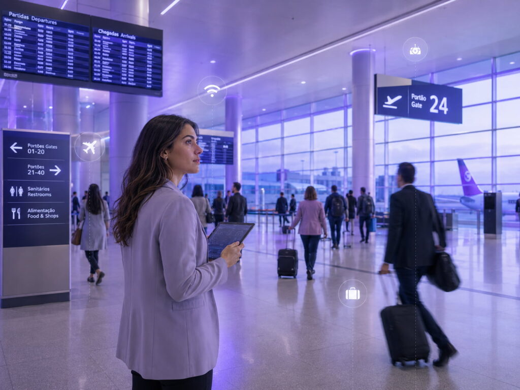 Mulher com tablet em terminal de aeroporto com iluminação roxa, sinalização de portões, painéis de voos e ícones digitais de sensores para gestão de limpeza.