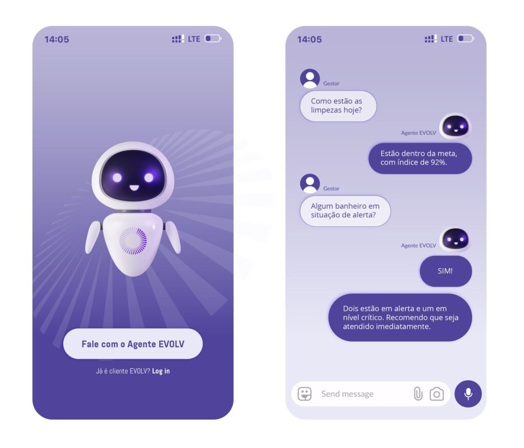 Interfaces móveis do Agente EVOLV com exemplo de conversa sobre limpeza e alertas operacionais.