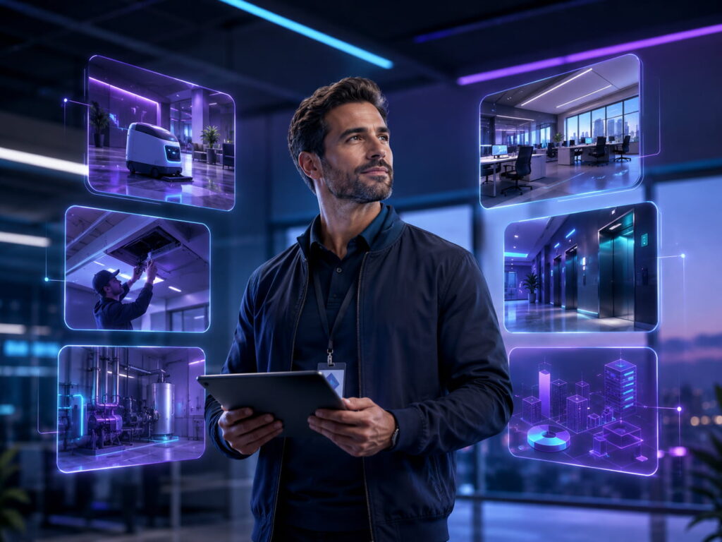 Gestor de facilities visualiza aplicações inteligentes da EVOLV para limpeza, manutenção, climatização, utilities e gestão predial.