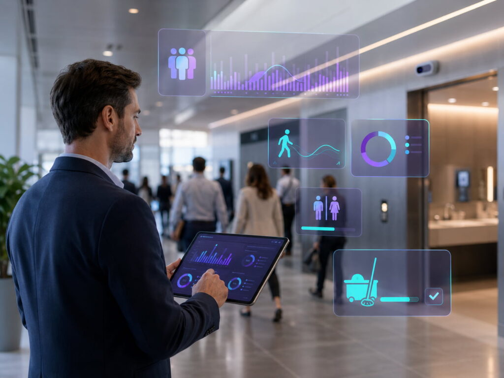 Gestor de facilities monitora fluxo de pessoas e necessidade de limpeza em ambiente corporativo por meio de tablet.