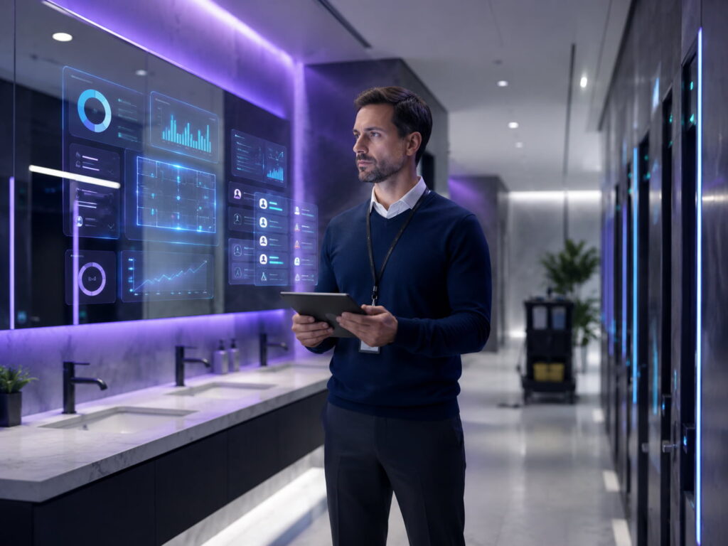 Gestor de facilities acompanha indicadores de limpeza, tarefas e uso dos ambientes em banheiro corporativo inteligente.