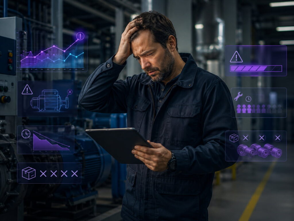 Técnico de manutenção preocupado analisa alertas de falha e parada não planejada em ambiente industrial.