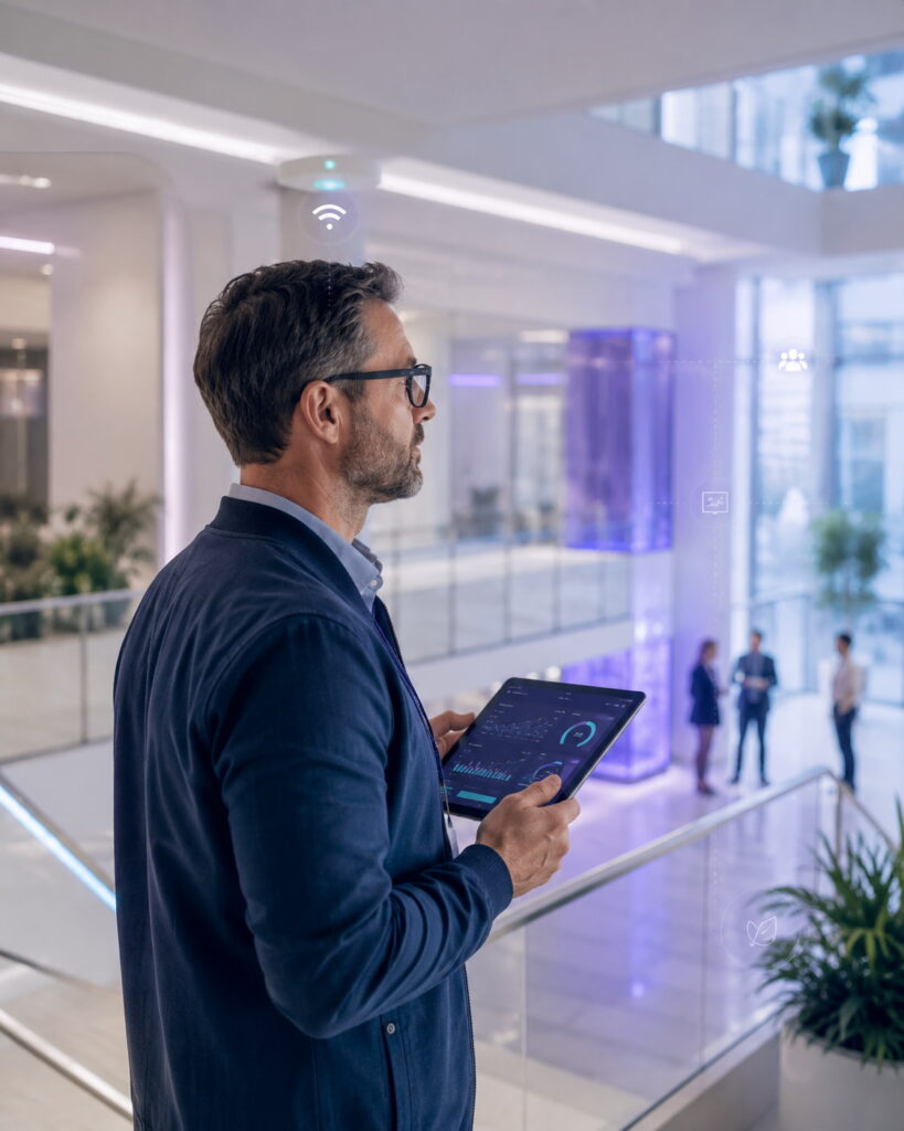 Gestor de facilities monitora indicadores operacionais em tablet dentro de um smart building moderno.