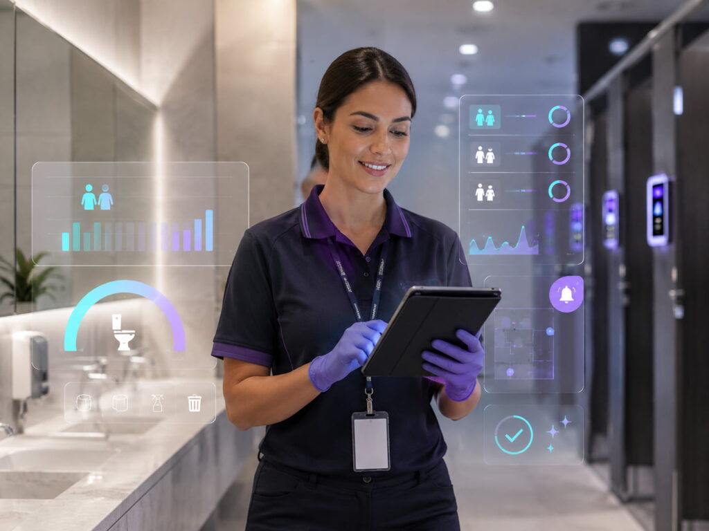 Profissional de facilities monitora dados de uso, ocupação e limpeza em banheiro corporativo de alto fluxo.