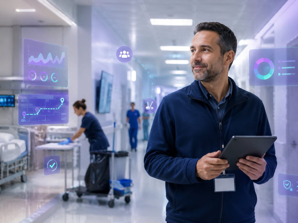 Gestor de facilities acompanha indicadores e rotinas de limpeza hospitalar em tablet dentro de um corredor clínico.