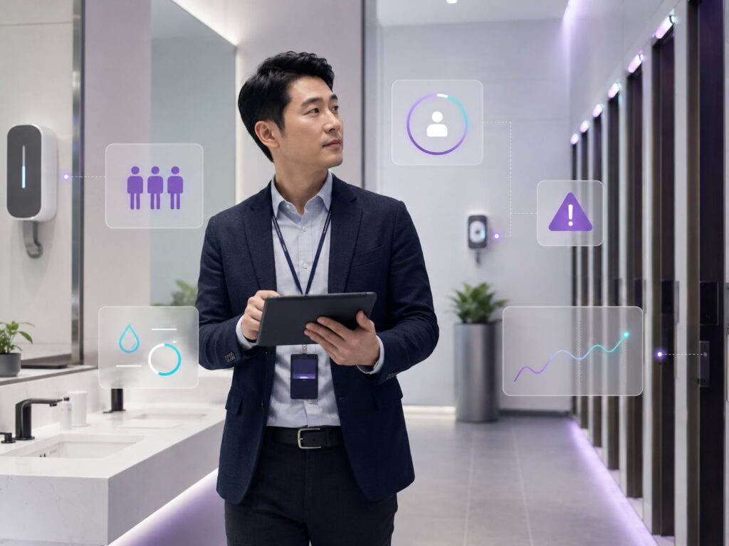 Gestor de facilities monitora dados de ocupação, limpeza e alertas em banheiro corporativo inteligente.