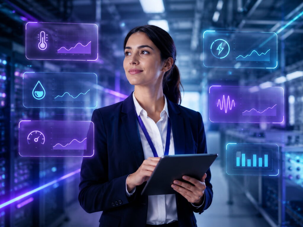 Profissional monitora variáveis críticas como temperatura, umidade, pressão, vibração e energia em dashboard operacional.