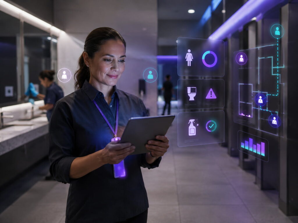 Supervisora de facilities acompanha alertas e indicadores de limpeza em tempo real por meio de tablet em banheiro corporativo.